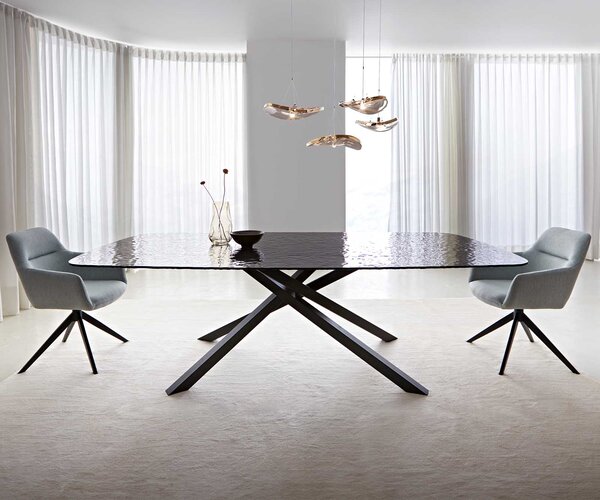DELIFE Jedálenský stôl Edge zaoblený 240x120 reliéfne sklo dymovo čierna 3D dizajn krížová podstava hranatý čierna