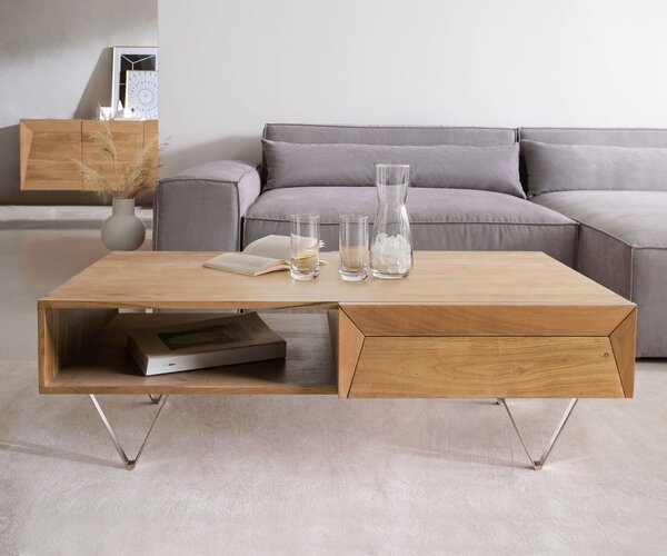 DELIFE Konferenčný stolík Kayu 115x60 cm akácia prírodná 2 zásuvky podstava v tvare V nerezová oceľ