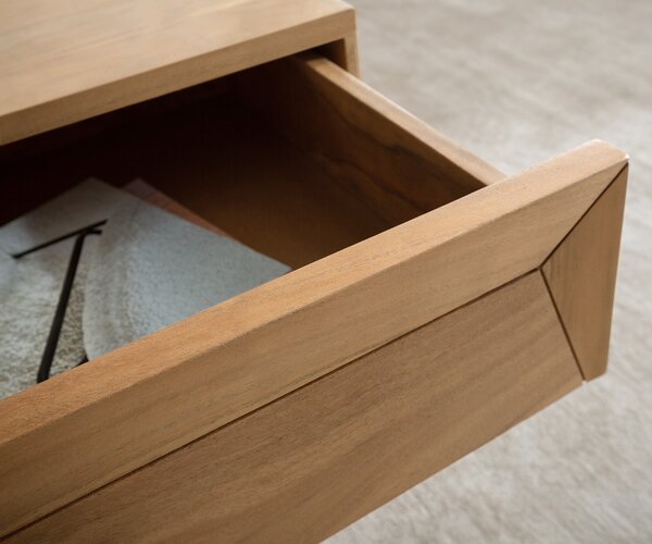 DELIFE Konferenčný stolík Kayu 60x60 cm akácia prírodná 2 zásuvky podstava v tvare V nerezová oceľ