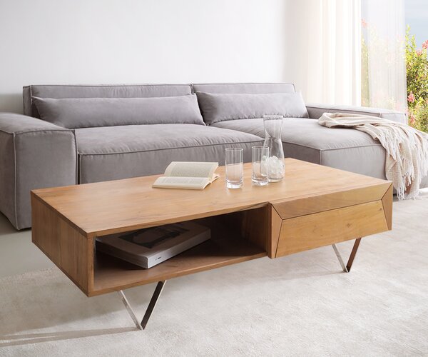 DELIFE Konferenčný stolík Kayu 115x60 cm akácia prírodná 2 zásuvky podstava v tvare V nerezová oceľ