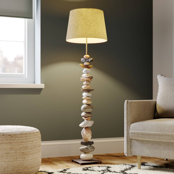 Stojacia lampa Vera s látkovým tienidlom a kamenným dekorom, Hliník / sivá / zinok, Obývacia izba / jedáleň, Textil / látka / hodváb, Stojaca lampa
