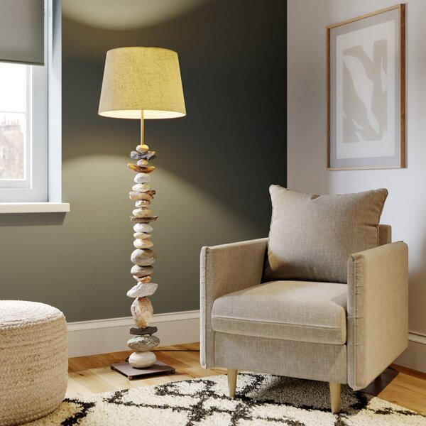 Stojacia lampa Vera s látkovým tienidlom a kamenným dekorom, Hliník / sivá / zinok, Obývacia izba / jedáleň, Textil / látka / hodváb, Stojaca lampa
