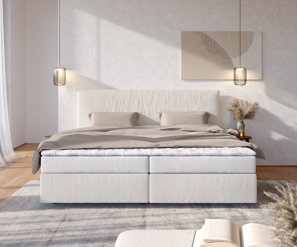 DELIFE Boxspring posteľ Dream-Well bouclé krémovo biela 200×200 cm bonellový matrac topper