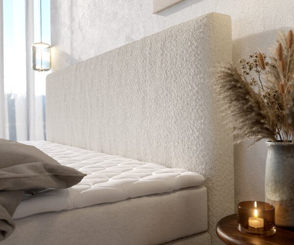 DELIFE Boxspring posteľ Dream-Well bouclé krémovo biela 200×200 cm bonellový matrac topper