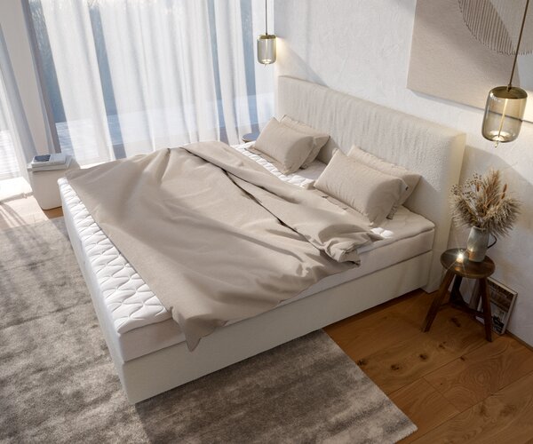 DELIFE Boxspring posteľ Dream-Well bouclé krémovo biela 200×200 cm bonellový matrac topper