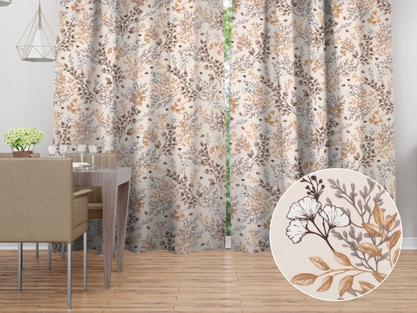 Biante Bavlnený záves Sandra SA-782 Hnedé vetvičky s lístkami na krémovom 150x140 cm