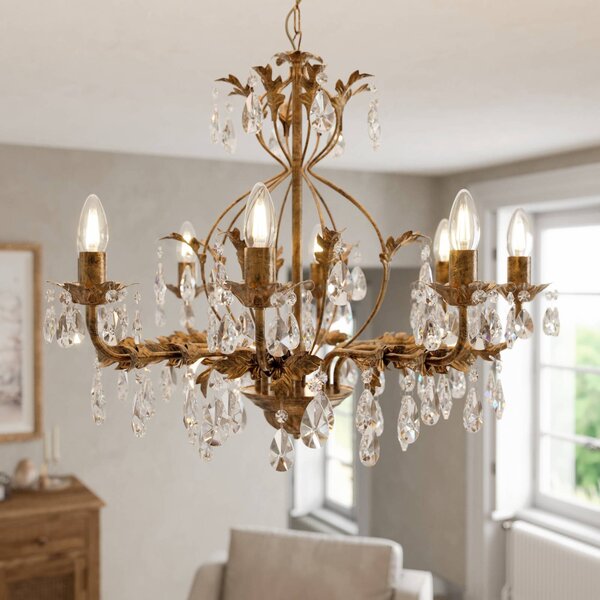 ONLI Luster Teresa, bronz, krištáľ, Ø 70 cm, 8 svetiel, Hnedá / staromosadz, Obývacia izba / jedáleň, kov, Starožitný, Luster