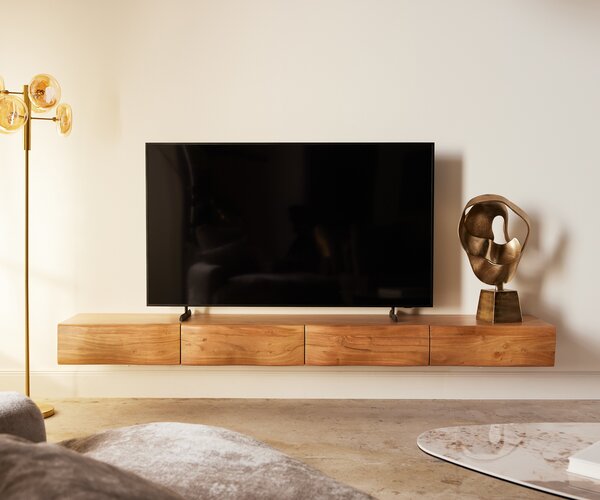 DELIFE TV stolík New Live-Edge 240 cm akácia prírodná 4 zásuvky závesný