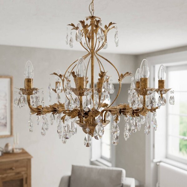 ONLI Luster Teresa, bronz, krištáľ, Ø 70 cm, 8 svetiel, Hnedá / staromosadz, Obývacia izba / jedáleň, kov, Starožitný, Luster