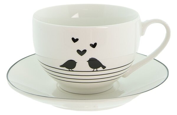 Porcelánová šálka s tanierikom s vtáčikmi Love Birds - 12*9*7 / Ø14*2 cm / 220 ml - Clayre & Eef