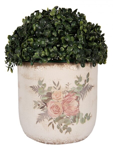 Béžový keramický kvetináč s kvetmi Protea Eucalypt L - Ø 18*17 cm - Clayre & Eef