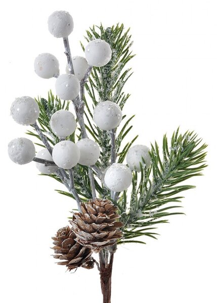 Dekorácia zápich vianočná vetvička s bielymi guličkami - 8*6*22 cm - Clayre & Eef
