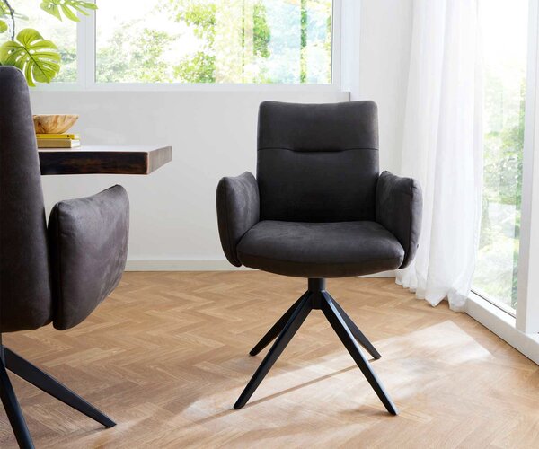 DELIFE Otočná jedálenská stolička Jova-Flex s opierkami mikrovlákno antracit vintage krížová podstava široká čierna otočná 360° vrecková pružina