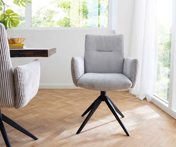 DELIFE Jedálenská stolička Jova-Flex s opierkami manšester striebornošedá krížová podstava široká čierna 360° otočná vrecková pružina