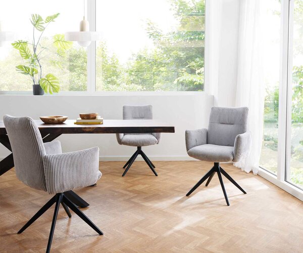 DELIFE Jedálenská stolička Jova-Flex s opierkami manšester striebornošedá krížová podstava široká čierna 360° otočná vrecková pružina
