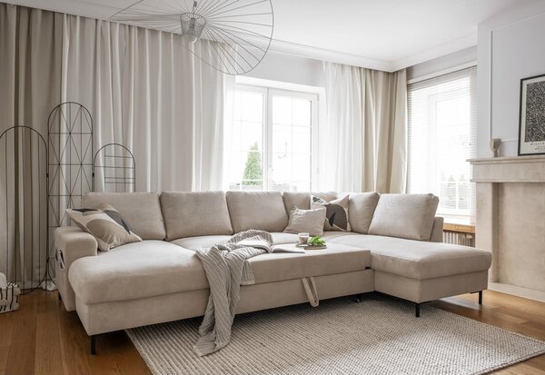 Béžová menčestrová rozkladacia rohová pohovka (pravý roh) Lofty Lilly – Miuform
