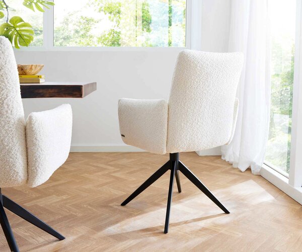 DELIFE Jedálenská stolička Jova-Flex s opierkami bouclé biela krížová podstava široká čierna 360° otočná vrecková pružina