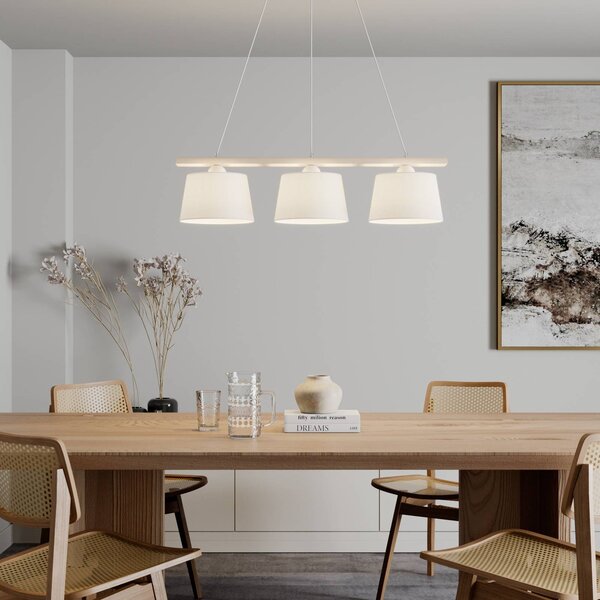 Euluna Závesná lampa Švédsko, starožitná biela/biela, textil, drevo, 3 svetlá, Obývacia izba / jedáleň, Textil / látka / hodváb, Závesné svietidlo