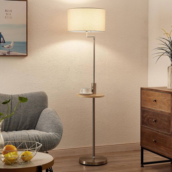 Stojacia lampa Lindby Zinia, niklová farba, polička, pripojenie USB, Hliník / sivá / zinok, Obývacia izba / jedáleň, kov, Moderný, Stojaca lampa