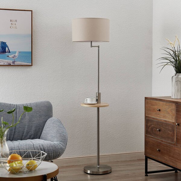 Stojacia lampa Lindby Zinia, niklová farba, polička, pripojenie USB, Hliník / sivá / zinok, Obývacia izba / jedáleň, kov, Moderný, Stojaca lampa