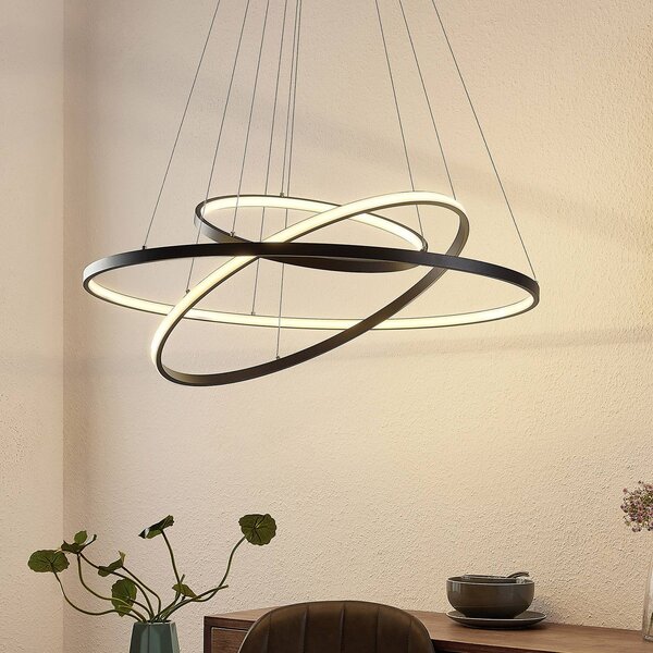 Lucande LED závesné svietidlo Ezana, čierne, kov, Ø 80 cm, Čierna, Obývacia izba / jedáleň, kov, Moderný, Závesné svietidlo