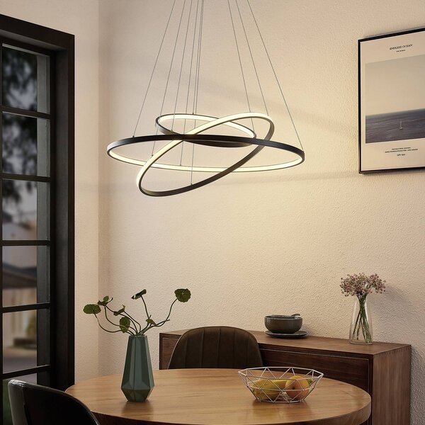 Lucande LED závesné svietidlo Ezana, čierne, kov, Ø 80 cm, Čierna, Obývacia izba / jedáleň, kov, Moderný, Závesné svietidlo