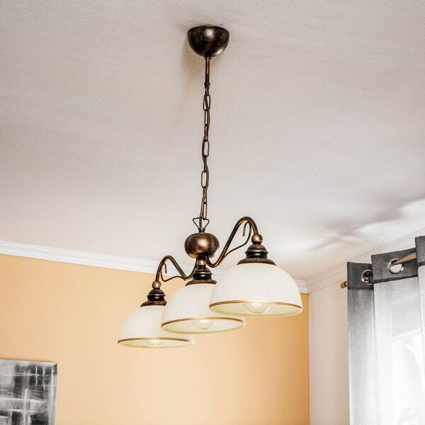 Závesné svietidlo Casale, 3-plameňové, dĺžka 74 cm, Hnedá / staromosadz, Obývacia izba / jedáleň, kov, Starožitný, Závesné svietidlo
