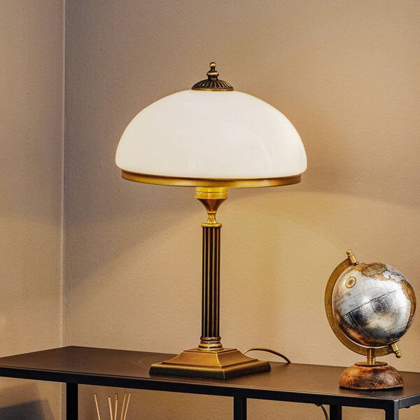 Jupiter Stolová lampa Petro, sklo, farba starého mosadzu, výška 50 cm, Hnedá / staromosadz, Obývacia izba / jedáleň, kov, Starožitný, Stojacie svietidlo