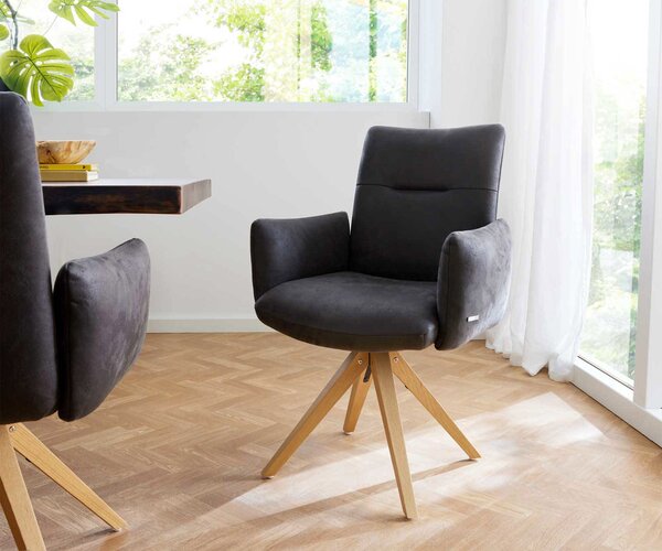 DELIFE Otočná jedálenská stolička Jova-Flex s opierkami mikrovlákno antracit vintage drevená podstava hranatá prírodná 180° otočná vrecková pružina