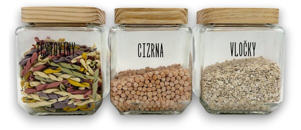 5Five® Súprava 3ks sklenených bytelných hranatých dóz s dreveným vekom, 1,25l KWADR