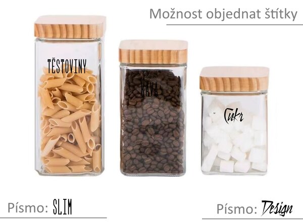 5Five® Súprava 3ks sklenených bytelných hranatých dóz s dreveným vekom, 1,25l KWADR