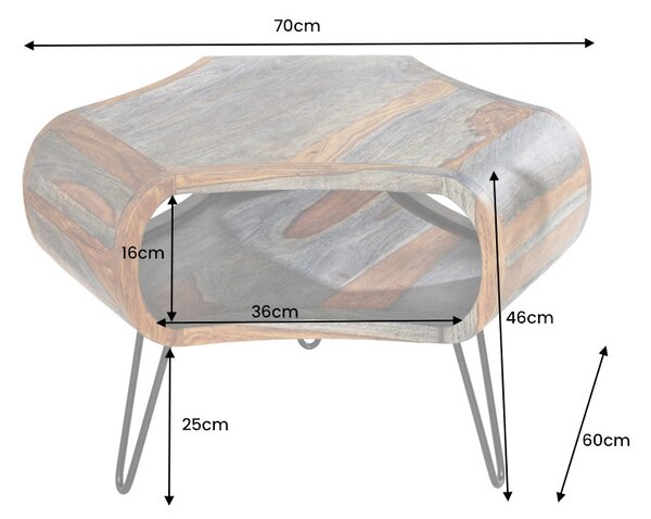 Dizajnový konferenčný stolík Lorelei, 70 cm, sheesham, sivý