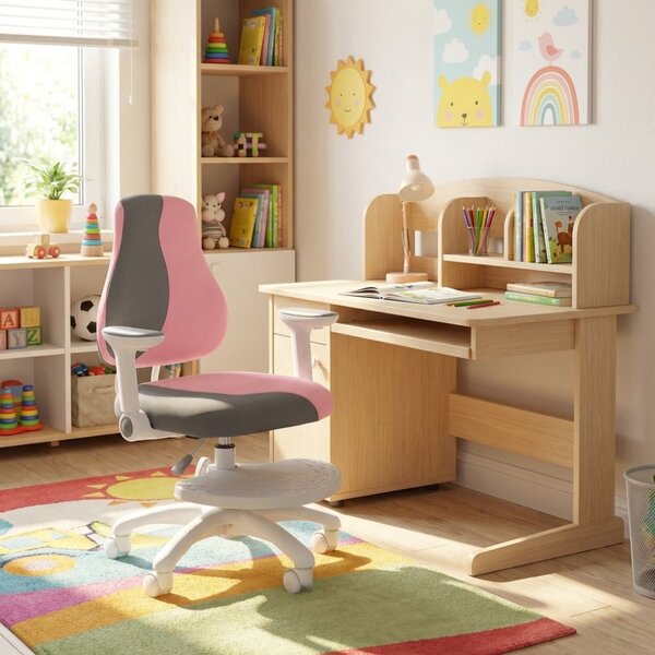 Detská rastúca stolička Neoseat KINDER WHITE PLUS — látka, šedá / svetlo ružová