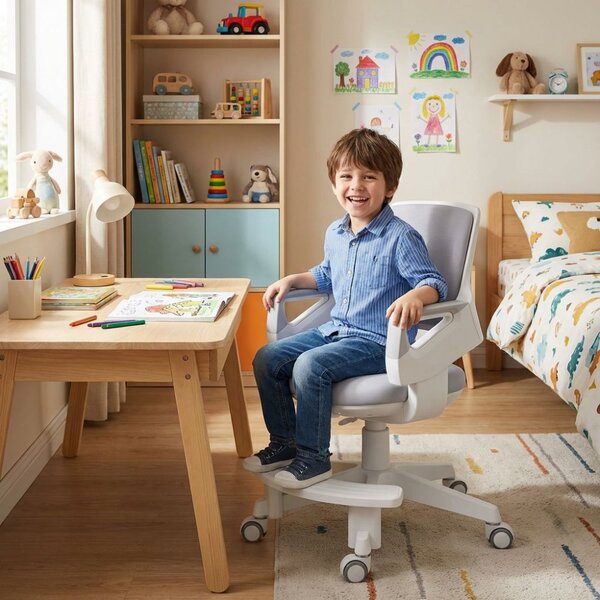 Detská rastúca stolička Neoseat KIDDY FIVE — látka, prateľný poťah, sivá