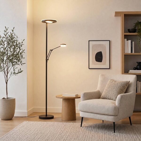 Trio Lighting LED stojacia lampa osvetľujúca strop Barrie s lampou na citanie, čierne matné, Čierna, Obývacia izba / jedáleň, kov, Moderný, Zemné bodové svetlo
