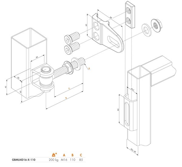 LOCINOX ® Navárací záves M16, 180°, nastaviteľný 3D, čiastočný pozink