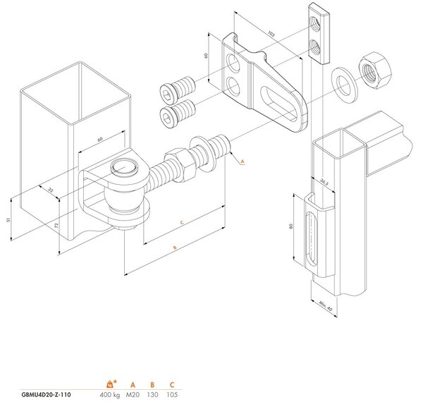 LOCINOX ® Navárací záves M20, 180°, nastaviteľný 3D, čiastočný pozink