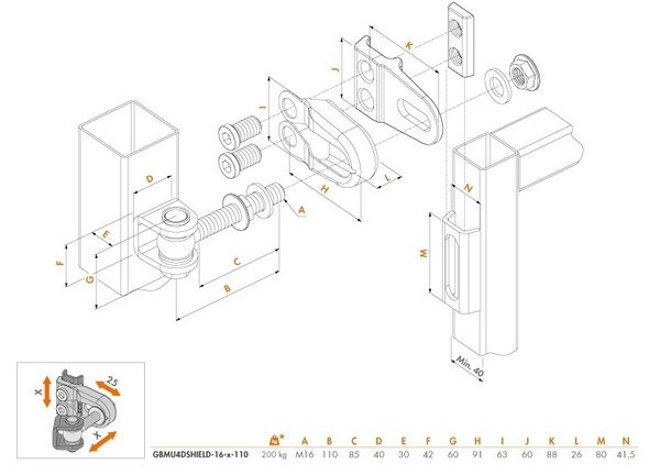 LOCINOX ® Navárací záves M16, 180°, nastaviteľný 3D, čiastočný pozink