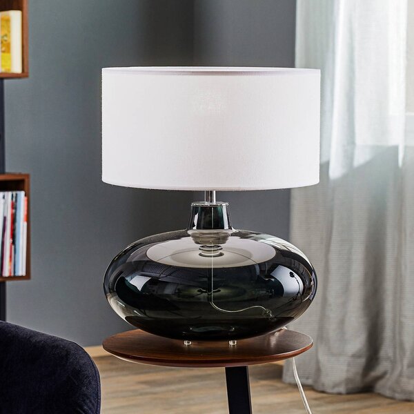 Stolová lampa Skien, tienidlo na lampu biele, sklenená základňa dymovo sivá, Hliník / sivá / zinok, Obývacia izba / jedáleň, Sklo, Moderný, Stojacie svietidlo
