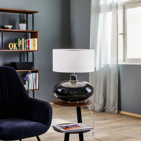 Stolová lampa Skien, tienidlo na lampu biele, sklenená základňa dymovo sivá, Hliník / sivá / zinok, Obývacia izba / jedáleň, Sklo, Moderný, Stojacie svietidlo