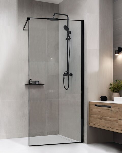 Sprchová zástena čierna z tvrdeného skla 90 x 190 cm rám z nerezovej ocele bezdverový bezbariérový sprchovací kút moderný štýl kúpeľňa