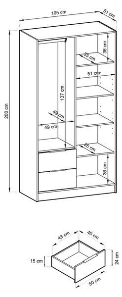 Dvojdverová skriňa so zrkadlom MARFA - šírka 105 cm, dub artisan / čierna