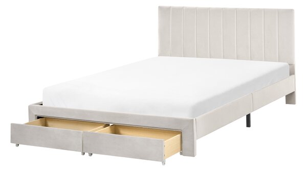 Posteľ s úložným priestorom krémová biela zamatové čalúnenie 140 x 200 cm so zásuvkami čelom a roštom moderný štýl spálňa