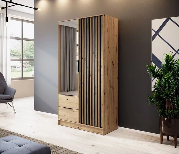 Dvojdverová skriňa so zrkadlom MARFA - šírka 105 cm, dub artisan / čierna