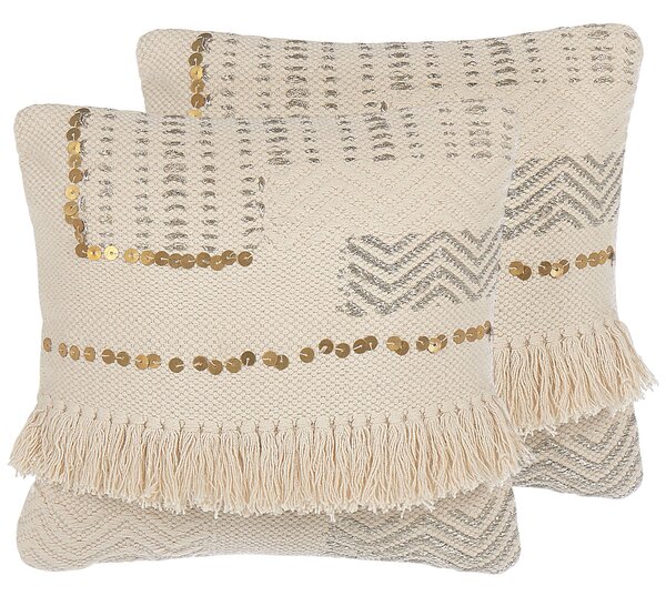 Sada 2 dekoratívnych vankúšov béžová 45 x 45 cm so strapcami boho retro bytové doplnky