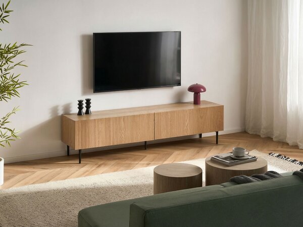 TV stolík svetlý prírodný jaseň MDF svetlé drevo rebrovaný dizajn 2 zásuvky moderná obývacia izba