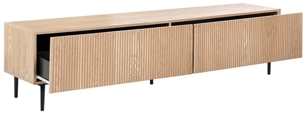 TV stolík svetlý prírodný jaseň MDF svetlé drevo rebrovaný dizajn 2 zásuvky moderná obývacia izba