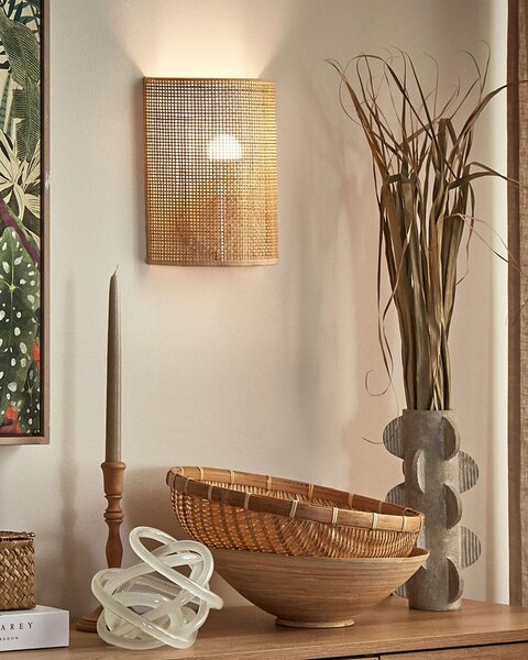 Nástenná lampa prírodná ratanová 25 cm polkruhové tienidlo svietidlo na stenu boho obývacia izba spálňa