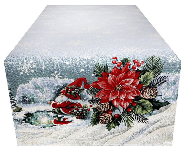 Vianočný gobelínový behúň na stôl s lurexom škriatok na korčuliach Farba Viacfarebná Rozmery 45x90 cm