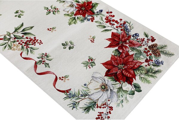 Vianočný gobelínový behúň nas stôl s lurexom Vianočné kvety a vetvičky Farba Viacfarebná Rozmery 45x140 cm